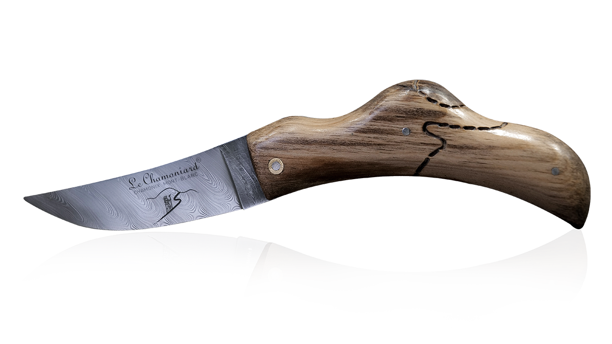 Couteau pliant artisanal en arolle bois fossile et lame Damas