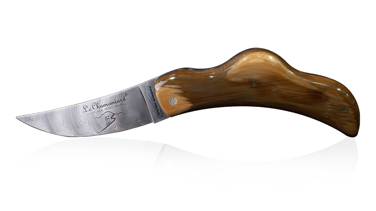 Couteau pliant artisanal en ivoire de mammouth et lame Damas