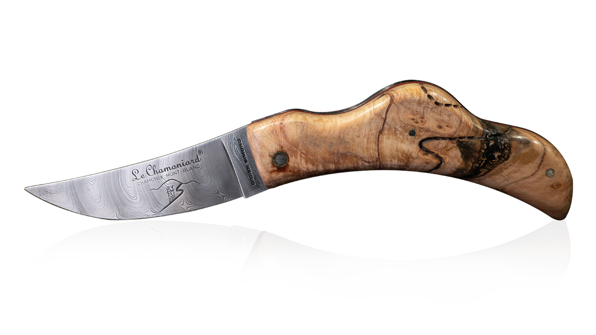 Couteau pliant artisanal en loupe d'arolle bois fossile et lame Damas